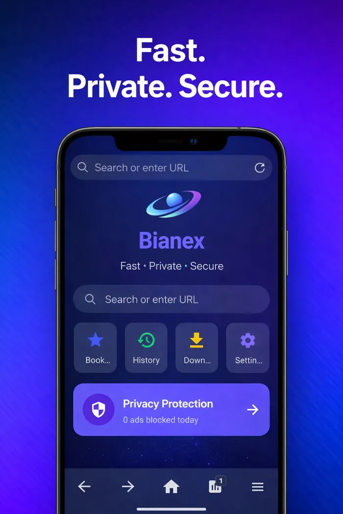 Bianex browser home screen with search and shortcuts